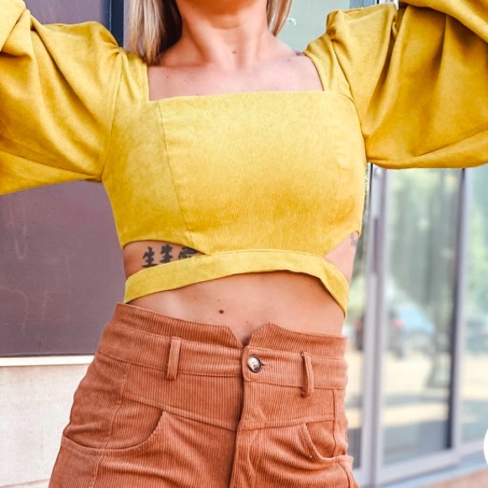 Style & Co Women's Yellow Balloon‎ Sleeve Crop Top Size L - Picture 2 of 15